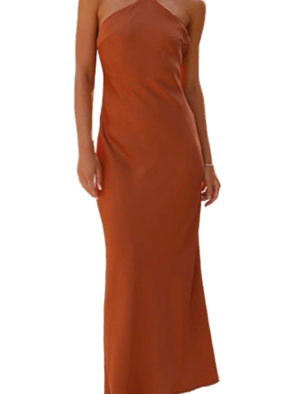 Asymmetric Rust Long-Sleeve Evening Gown